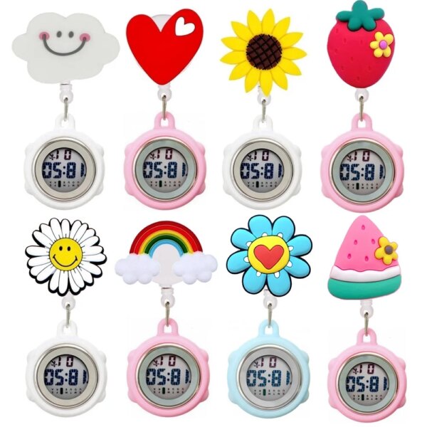 Cartoon Sunflowers Rainbow Heart Butterfly Nurse Doctor Digital Electronic Retractable Multi-function Waterproof Pocket Watches