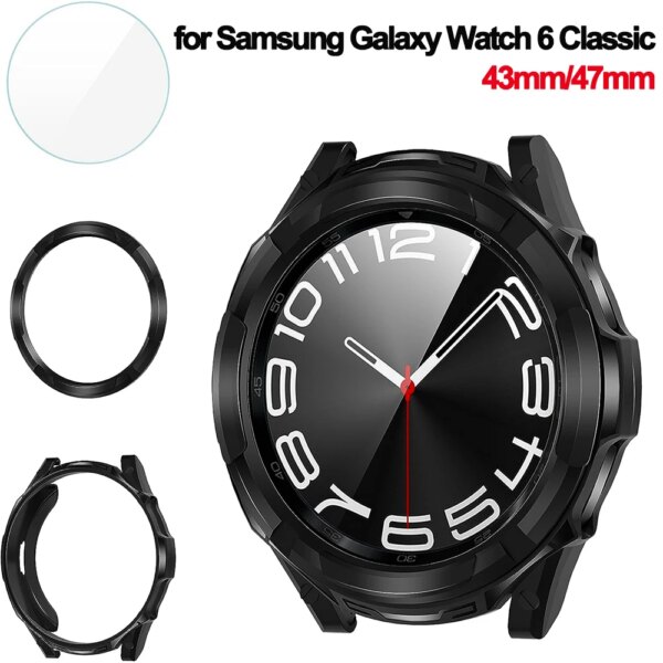 Case+Glass for Samsung Galaxy Watch 6 Classic 43MM 47MM Soft TPU Cover Bumper +Screen Protector for Galaxy Watch 6 Classic 47 43