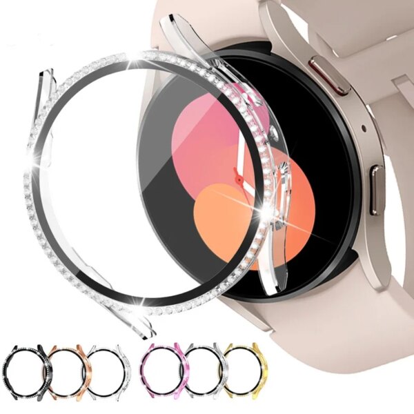 Case for Samsung Galaxy Watch 6 5 4 40mm 44mm Screen Protector PC Bumper Tempered Glass Diamond Integrated Protective Case