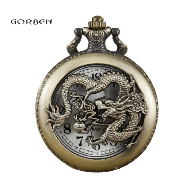 Classic Bronze Dragon and Phoenix Hollow Mens Lady Quartz Pocket Watch Steampunk Women Watch With Pendent Necklace Best Gift