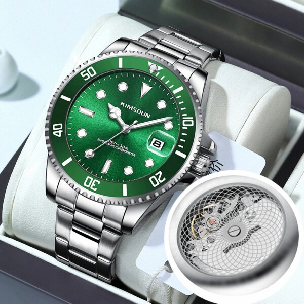 Classic Green Battery-Powered Mechanical Design Quartz Watch Men Rotating Bezel Luminous Dial Steel Strap Luxury Watches KIMSDUN