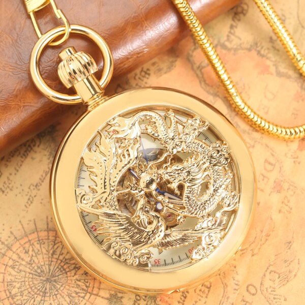 Classic Hollow Automatic Mechanical Gold Pocket Watch Dragon Phoenix Design High-End Pendant Necklace Women Arabic Numeral Dial