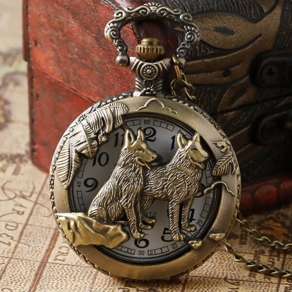 Classic Vintage Bronze Dog Wolf Hollow Quartz Fob Pocket Watch with Necklace Chain Cool Pendant Clock Gift for Women Men