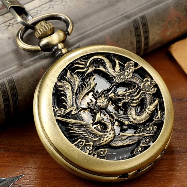 Classic Vintage Mechanical Pocket Watch Steampunk Pendant Men Boys Dragon Phoenix Engraved Clock Roman Dial reloj hombre Gift