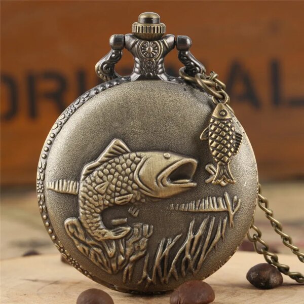 Classical Pocket Watch with 3D Fish Pattern Bronze Quartz Movement Clock with Necklace Chain Pendant Accessory Timepiece Gift