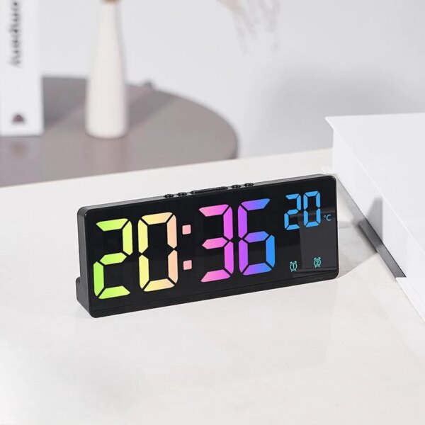 Colorful Digital Alarm Clock Voice Control Temperature Date Dual Alarm Snooze Table Clock Night Mode 12/24H LED Clock Watch