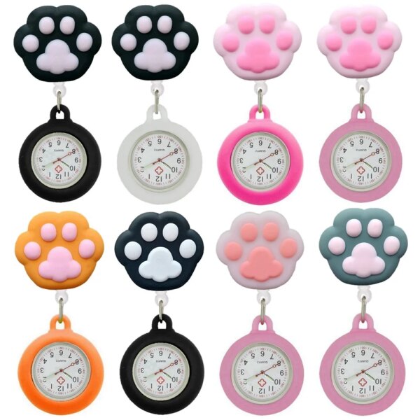 Colourful Retractable Badge Reel Nurse Doctor Lovely Cat Claw Footprints Pocket Watches medical hospital Gift Watch for women