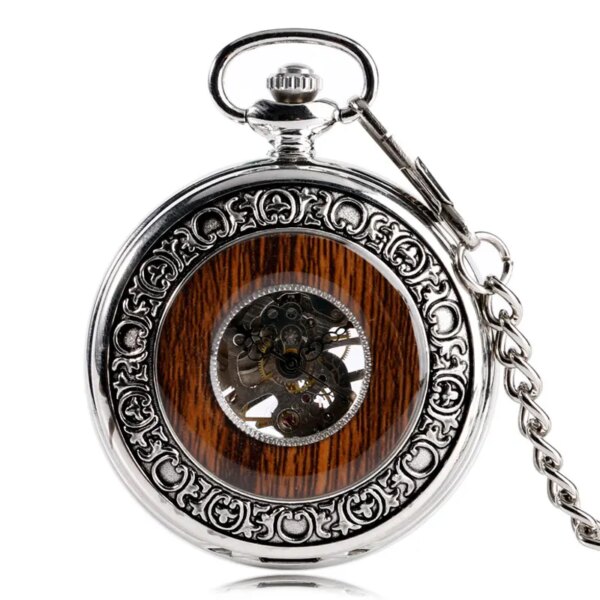 Cool Xmas Gift Silver Hand Wind Luxury Steampunk Windup Mechanical Pocket Watch Wood Style Circle Vintage Stylish Special Design