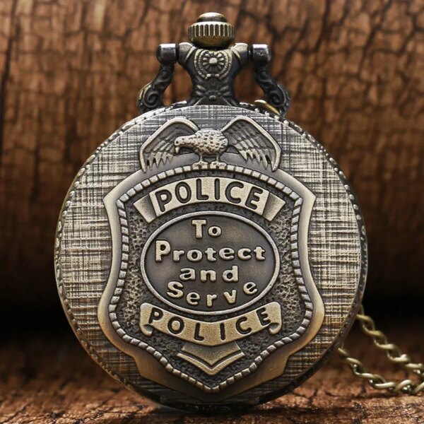 Creative Quartz Protect and Serve Retro Pendant Bronze Full Hunter Pocket Watch Police Antique Style Unisex Necklace Chains Gift