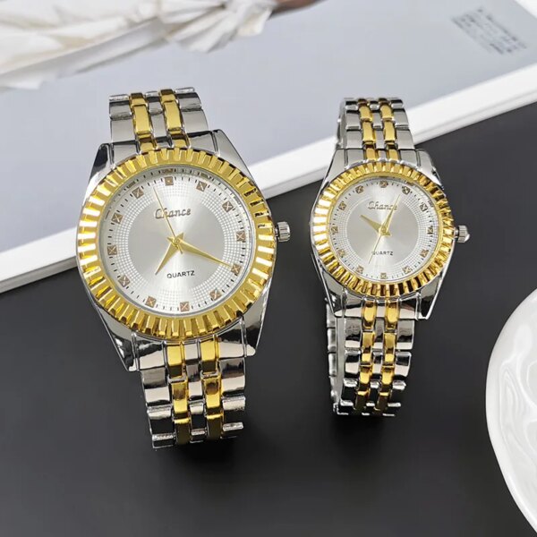 Cross border Hot Selling Couple Watches Wholesale Fashion Room Gold Quartz Alloy Set Steel Strip Men's and Women's Watch