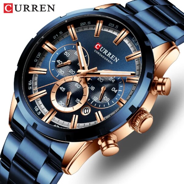 Curren Men's Watch Blue Dial Stainless Steel Band Date Mens Business Male Watches Waterproof Luxuries Men Wrist Watches for Men