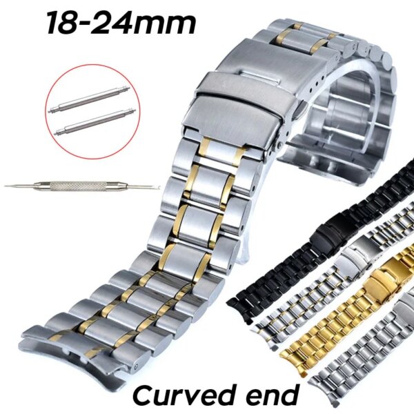 Curved End Watch Band 18mm 20mm 22mm 24mm Replacement Watch Strap Secure Clasp Stainless Steel Wristband Bracelet with Pins