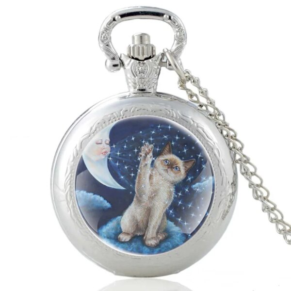 Cute Moon Cat Paradise Design Silver Vintage Quartz Pocket Watch Charm Pendant Clock Watch Men Women Necklace Gifts