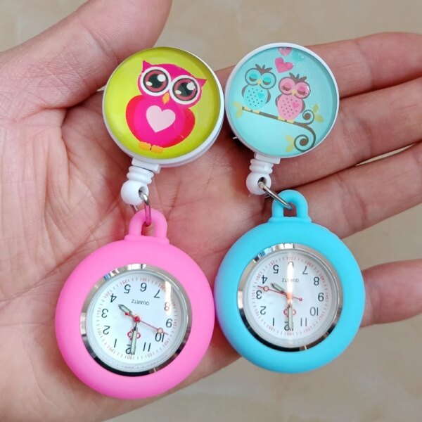 Cute Owl Cartoon Retractable Nurse Doctor Silicone FOB Pocket Watches Hospital Medical Hang Gift Badge Reel Clip Quartz Clock