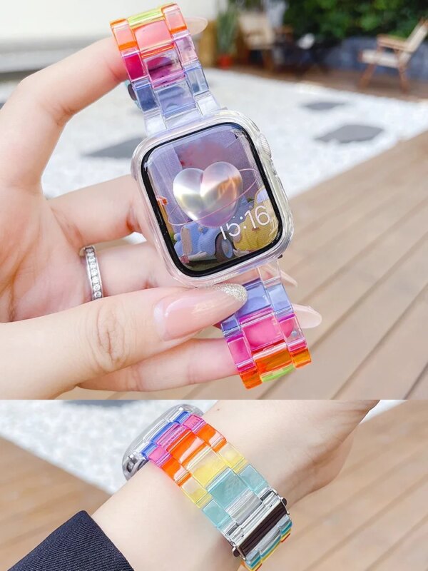 Cute Rainbow Candy Clear Case+Strap For Apple Watch Band 49mm 45mm 41 44mm 38 42mm 40 Correa Band For iWatch Series 9 8 7 SE 6 4