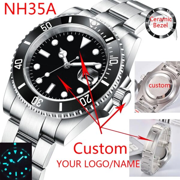 DIY Custom Logo 40MM Sapphire NH35 8215Automatic Mechanical Mens WristWatch Sterile Dial Ceramic 10Bar Luminous Sport Male Clock