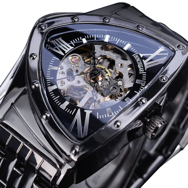 DUNCOUGAR Triangle Skeleton Black Automatic Watch Stainless Steel Men Business Sport Irregular Mechanical Wristwatch