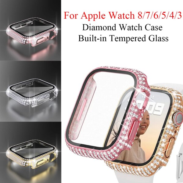 Diamond Watch Case Built-in Tempered Glass for Apple Watch Ultra 49mm 38mm 40mm 42mm 44mm 41mm 45mm iWatch 8 7 6 SE 5 4 3 Cover