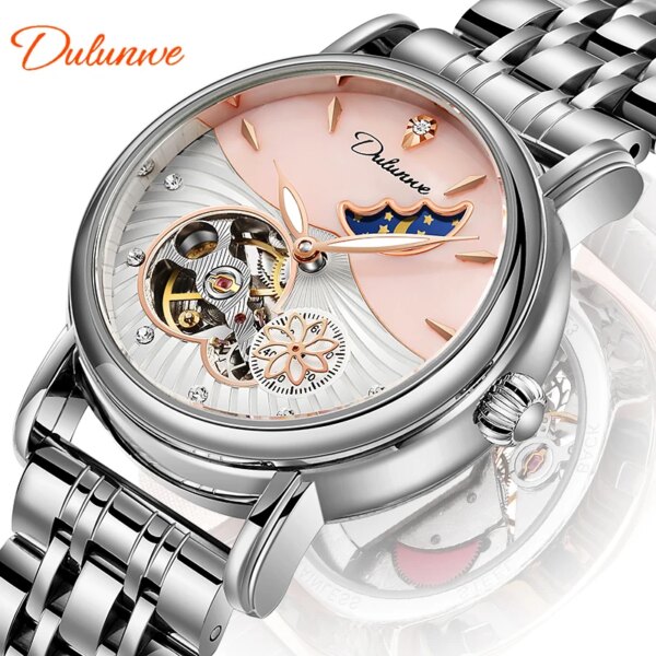 Dulunwe Mechanical Wristwatch Fashion Luxury Women Automatic Watches Lady Waterproof Moon Phase Business Dress Tourbillon Watch