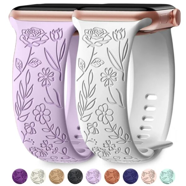 Engraved Floral Silicone Strap for Apple Watch Ultra 2 Band 49mm 45mm 40mm 41mm Bracelet Fashion IWatch Series 9 8/7/6/5/4/3/se