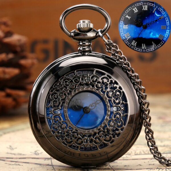 Exquise Starry Blue Dial Pendant Bronze Hollow Case Quartz Pocket Watch Roman Numerals Retro Watches Souvenir Gift for Men Women