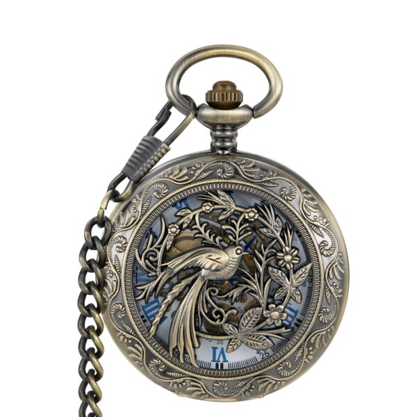 Exquisite Filigree Spiral Phoenix Antique Quartz Pocket Watch Retro Bronze Flying Bird Animal Necklace Chain Jewelry Gift Unisex