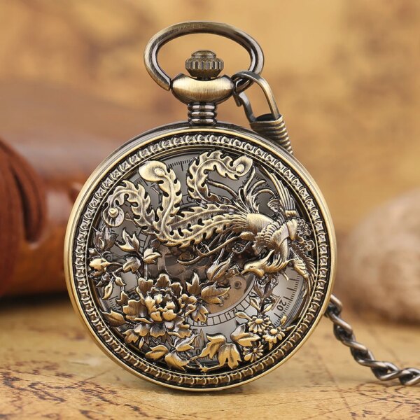 Exquisite Mechanical Pocket Watch Bronze Hollow Flowers Phoenix Bird Design Alloy Case Self Winding Luxury Pocket Clock Gift Men