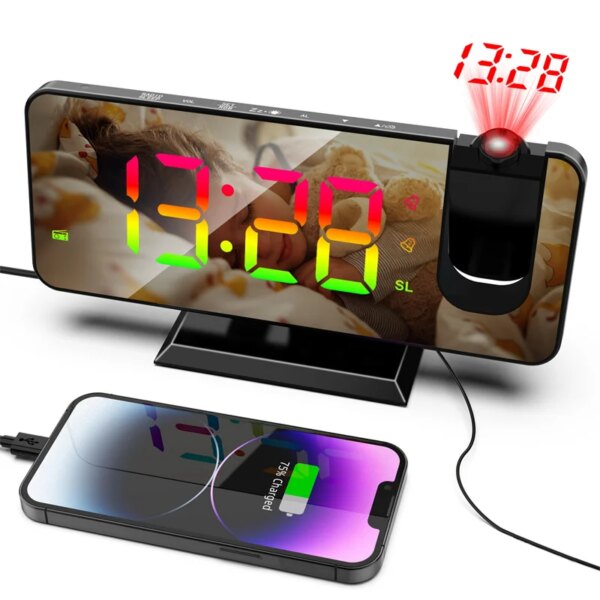 FM Radio 180° Projection Digital Alarm Clock 11 Colors RGB Auto Dimmable Dual Alarm Night Mode Table Clock 12H/24H LED Clock