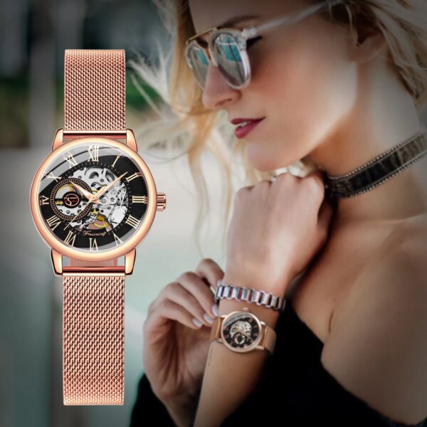 FORSINING Skeleton Watch Women Casual Women's Watches Luxury Top Brand Mechanical Wristwatch Fashion Clock Box zegarek damski