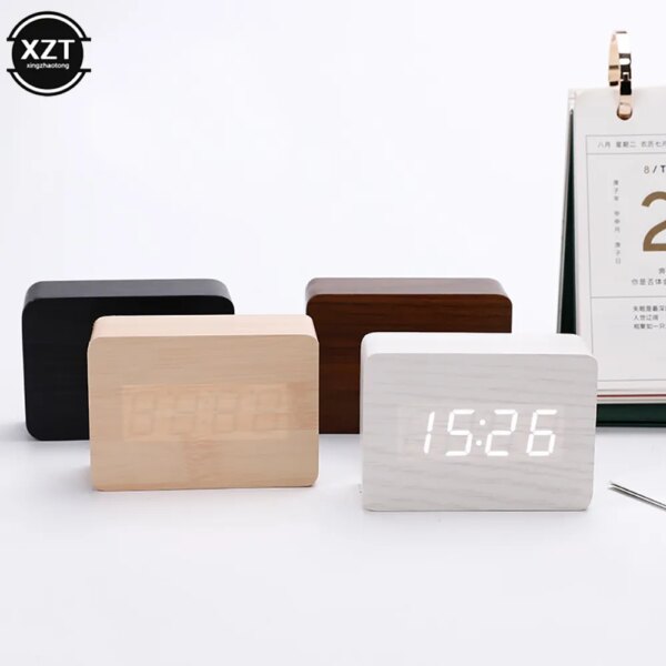 Fashion Alarm Clock LED Wooden Watch Table Voice Control Digital Wood Despertador USB/AAA Powered Electronic Desktop Clocks