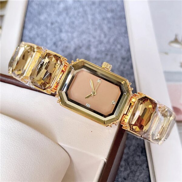 Fashion Brand Wrist Watches Women Girl Beautiful Rectangle Colorful Gems Design Steel Metal Band Clock S72