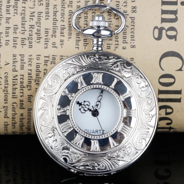 Fashion Classic Silver Quartz Pocket Watch Necklace Roman Numerals Flip Pendant Watch Direct Sales