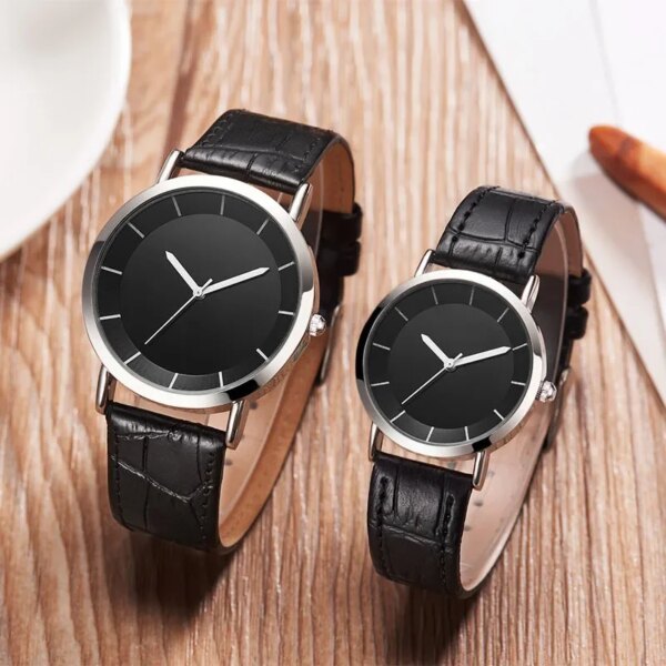 Fashion Couple Quartz Watch Creative Leisure Couple Black Brown Leather Strap Quartz Watch Round Dial Business Watch