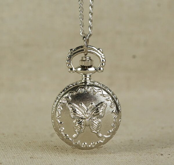 Fashion Cute Relief Silver Butterfly Pocket Watch Vintage Quartz Pocket Watch Unisex Sweater Chain Watches Necklace