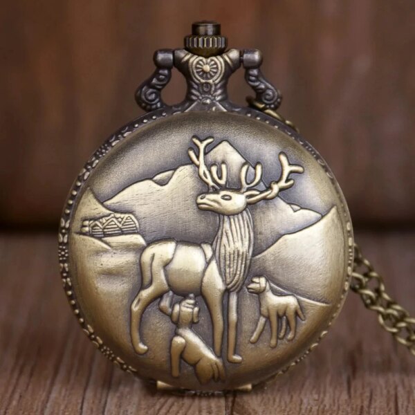 Fashion Cute Vintage Relief Deer Minimalist Pocket Watch Quartz Watch Pendant Necklace Women Men Chain Clock Birthday Gifts