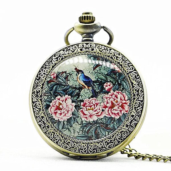 Fashion Flower Bird Pattern Quartz Pocket Watch Analog Pendant Necklace Mens Womens Watches Gift