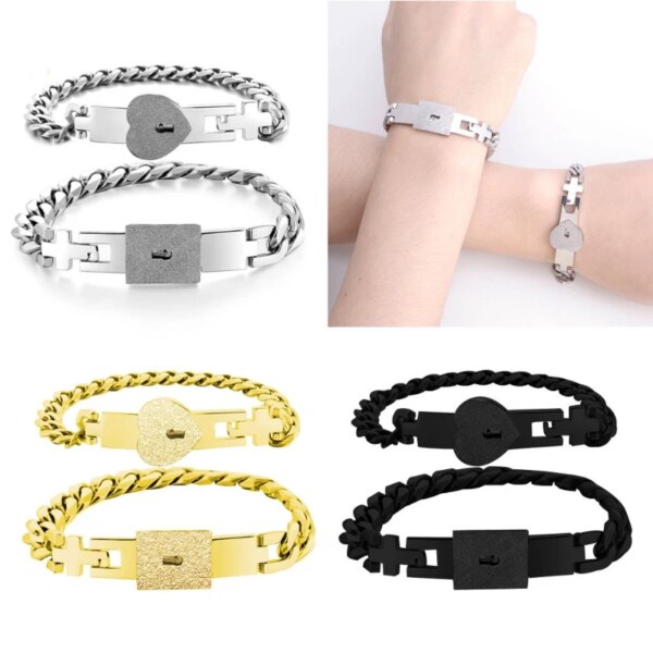 Fashion Hot 2Pcs Silver Color Tone Stainless Steel Lover Heart Love Lock Bracelet with Lock Key Bangles Kit Couple Jewelry Gift