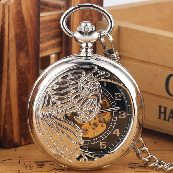 Fashion Silver Pocket Watches Clock Pendant Self-Wind Classic Phoenix Elegant Retro Skeleton Auto Mechanical Pocket Watch Gifts