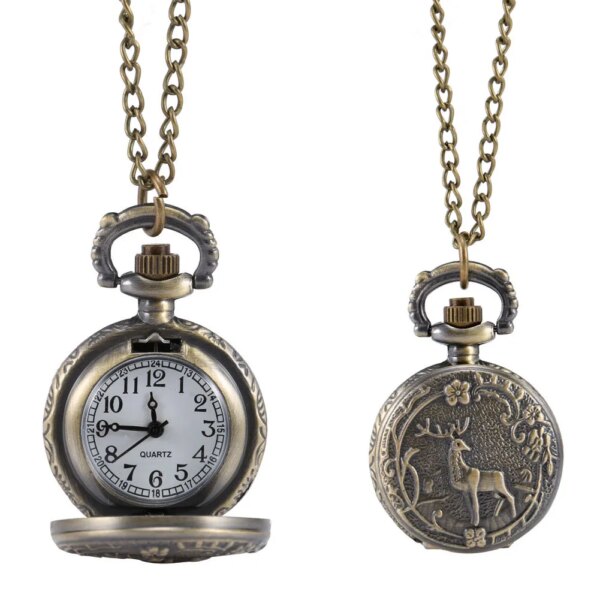 Fashion Vintage Retro Quartz Pocket Watch Alloy Deer Carving Sweater Chain Necklace Pendant Clock Gifts LL@17