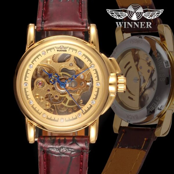 Fashion Winner Top Automatic Mechanics Clock Women Top Brand Design With Luxury Gold Color Dial Leather Watches Relojes Mujer