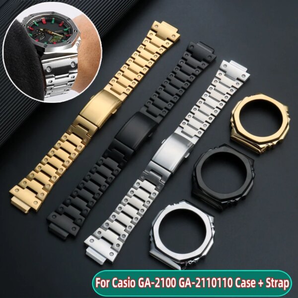 For Casio GA-2100 GA-2110 men Set Stainless Steel watch strap metal case GA2100 GA2110 Refitted Farm Oak Bezel band accessorie