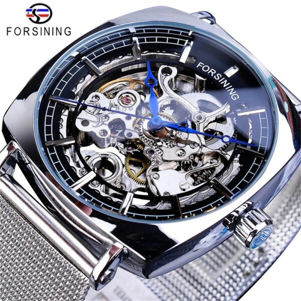 Forsining 242G Fashion Luxury Band Automatic Mechanical Watch For Men Square Skeleton Analog Mesh Steel Clock Relojes Hombre