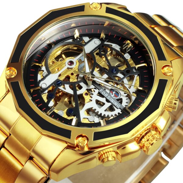 Forsining Fashion Skeleton Automatic Mechanical Watches Luminous Hands Sports Steampunk Gold Mens Watch Stainless Steel Strap