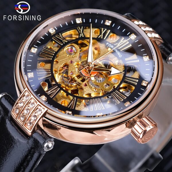 Forsining Fashion Women Diamond Skeleton Display Design Waterproof Luxury Lady Automatic Watches Luminous Hands Genuine Leather