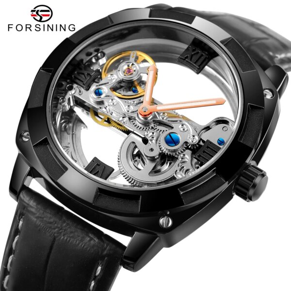 Forsining Official Exclusive Sale Double Side Transparent Military Mens Steampunk Leather Top Brand Luxury Automatic Sport Watch