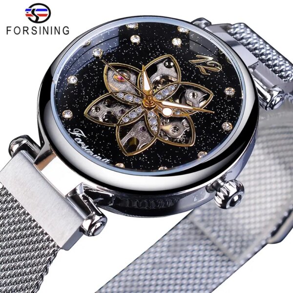 Forsining Top Brand Luxury Diamond Women Watches Mechanical Automatic Female Watches Waterproof 2019 Fashion Mesh Design Clock