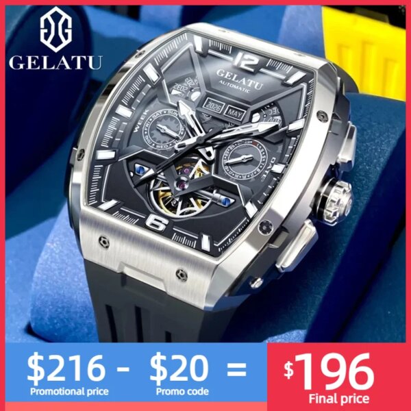 GELATU Luxury Men's Mechanical Watch Multifunctional Calendar Skeleton Design Luminous 50 Meters Waterproof Big Dial Wristwatch