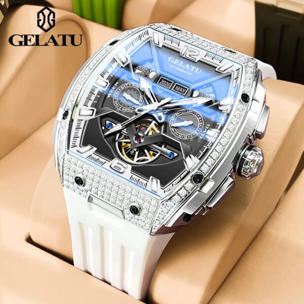 GELATU Top Brand Men's Watches Full Automatic Wristwatch for Man Hollow Mechanical Flywheel Date Week Waterproof Luminous