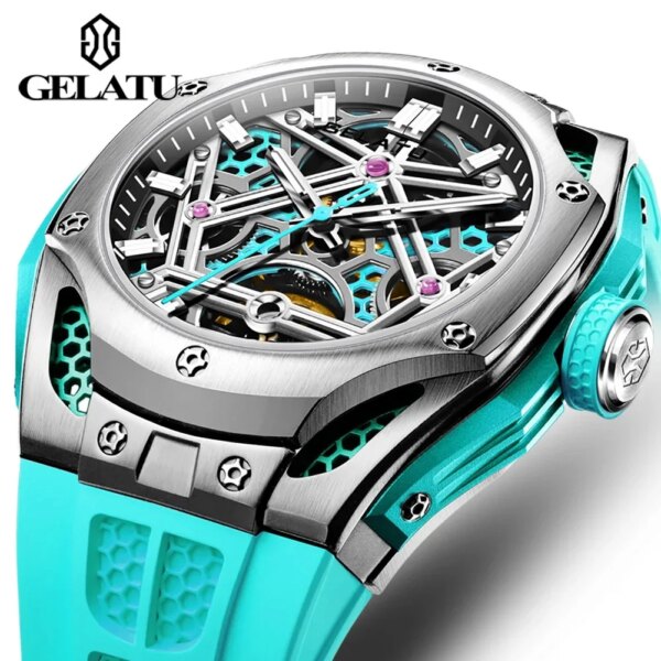 GELATU Top New Luxury Blue Sky Automatic Mechanical Watches Skeleton Tourbillon Watch For Men 5ATM Waterproof Mens Reloj Hombre