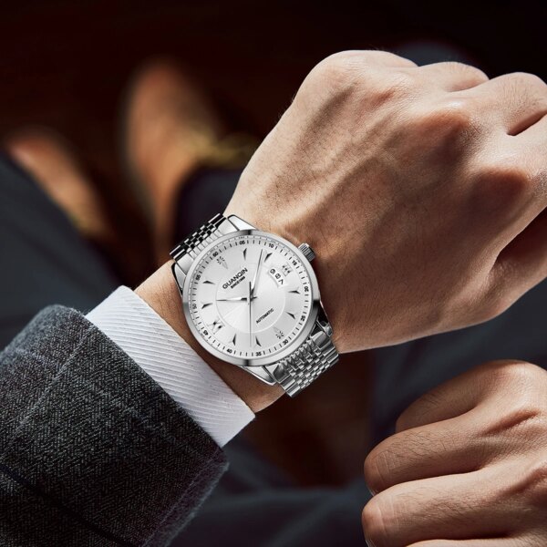 GUANQIN Top Brand Luxury Mechanical Man watch Stainless steel Automatic Calendar watch for men 50M Waterproof Luminous watch